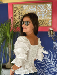 Blusa para Mujer Cuello V Manga Bombacha - Mia Blanco - Molgoa