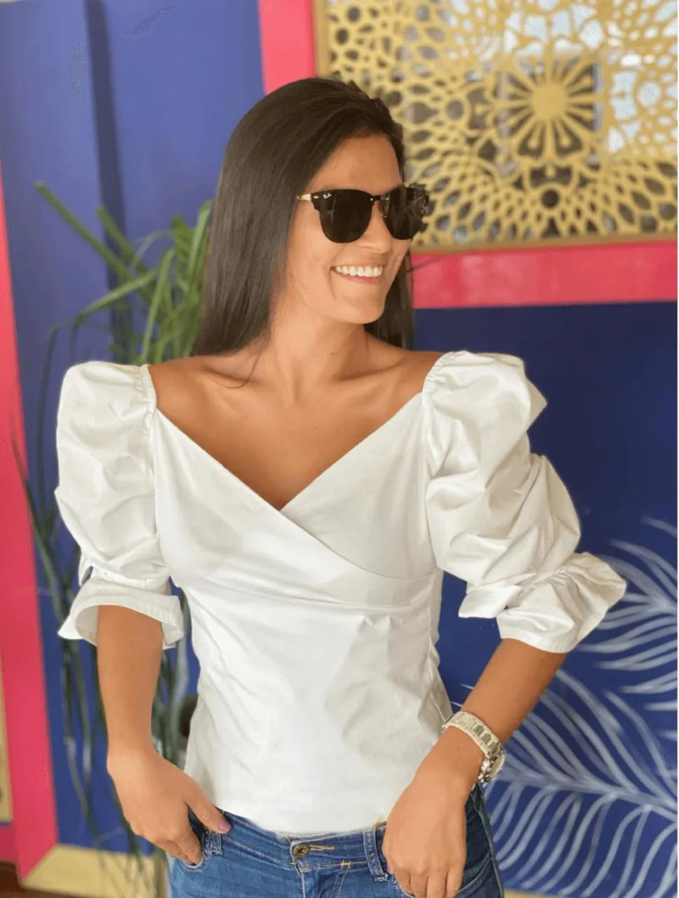 Blusa para Mujer Cuello V Manga Bombacha - Mia Blanco - Molgoa