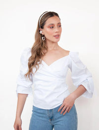 Blusa para Mujer Cuello V Manga Bombacha - Mia Blanco - Molgoa