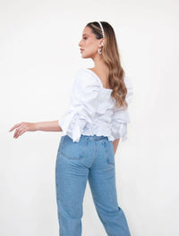 Blusa para Mujer Cuello V Manga Bombacha - Mia Blanco - Molgoa