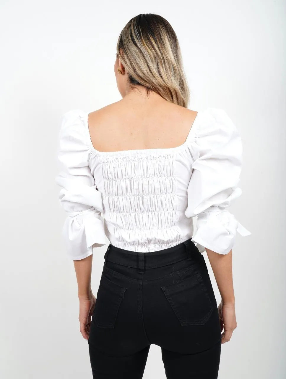 Blusa para Mujer Cuello V Manga Bombacha - Mia Blanco - Molgoa