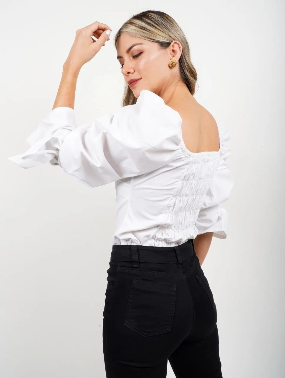 Blusa para Mujer Cuello V Manga Bombacha - Mia Blanco - Molgoa