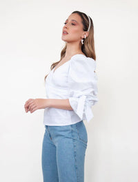 Blusa para Mujer Cuello V Manga Bombacha - Mia Blanco - Molgoa