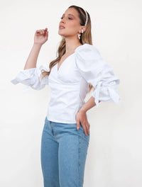 Blusa para Mujer Cuello V Manga Bombacha - Mia Blanco - Molgoa
