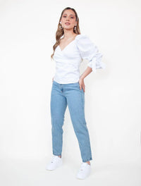 Blusa para Mujer Cuello V Manga Bombacha - Mia Blanco - Molgoa