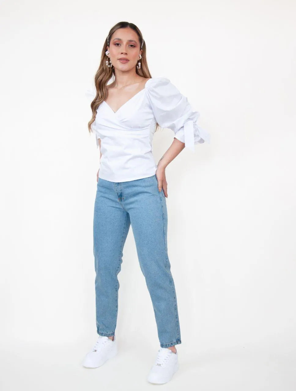 Blusa para Mujer Cuello V Manga Bombacha - Mia Blanco - Molgoa