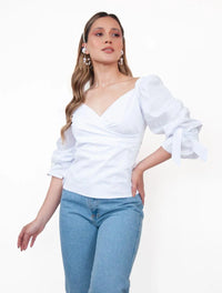 Blusa para Mujer Cuello V Manga Bombacha - Mia Blanco - Molgoa