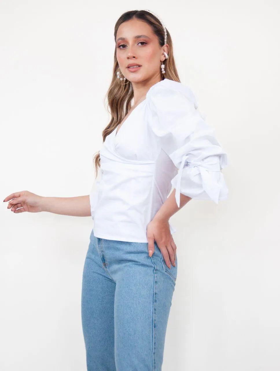 Blusa para Mujer Cuello V Manga Bombacha - Mia Blanco - Molgoa