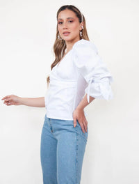 Blusa para Mujer Cuello V Manga Bombacha - Mia Blanco - Molgoa