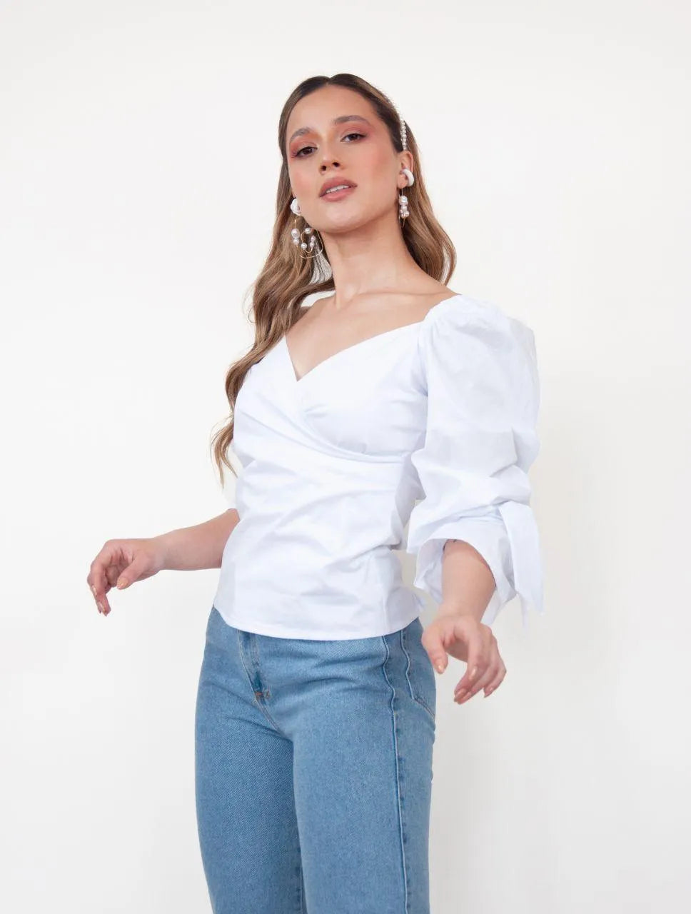 Blusa para Mujer Cuello V Manga Bombacha - Mia Blanco - Molgoa
