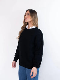 Suéter Cuello Redondo Con Detalle En Mangas - Elena Negro