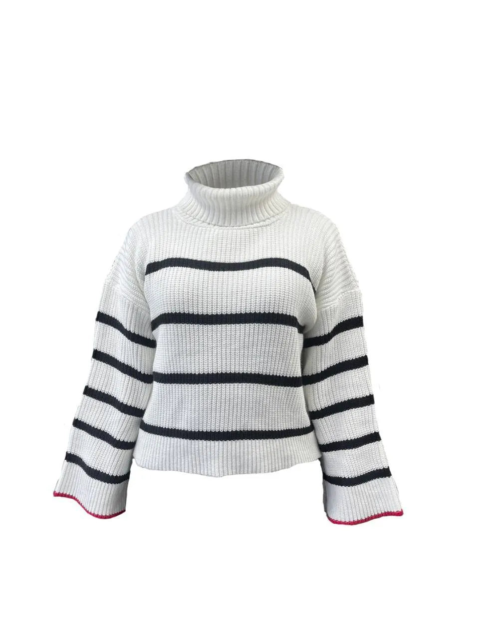 Suéter para Mujer Blanco, Negro y Rojo Cuello Tortuga Rayas - The Sassy Blanco, Negro y Rojo