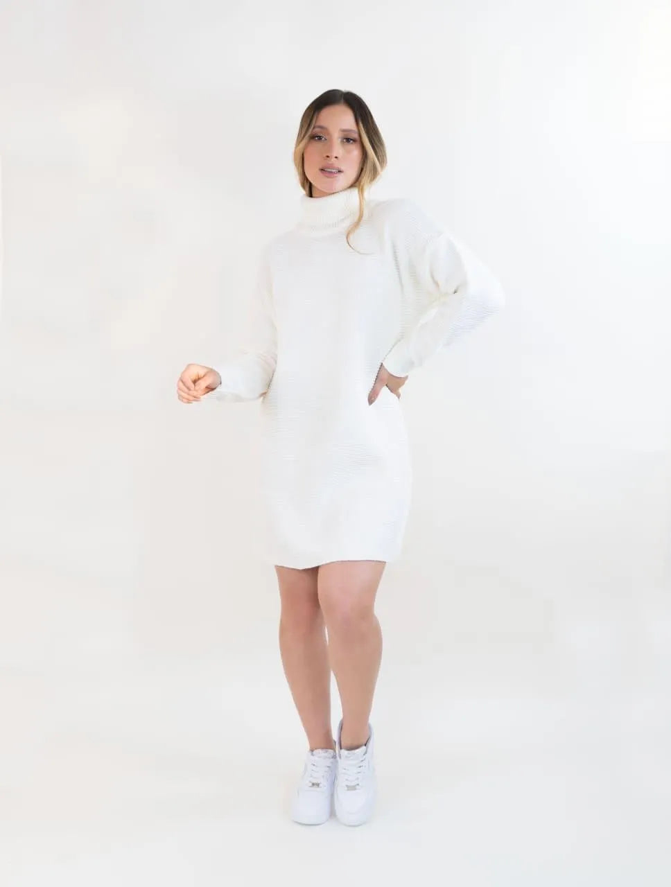 Vestido Tejido Cuello Alto Para Mujer - Siena Marfil