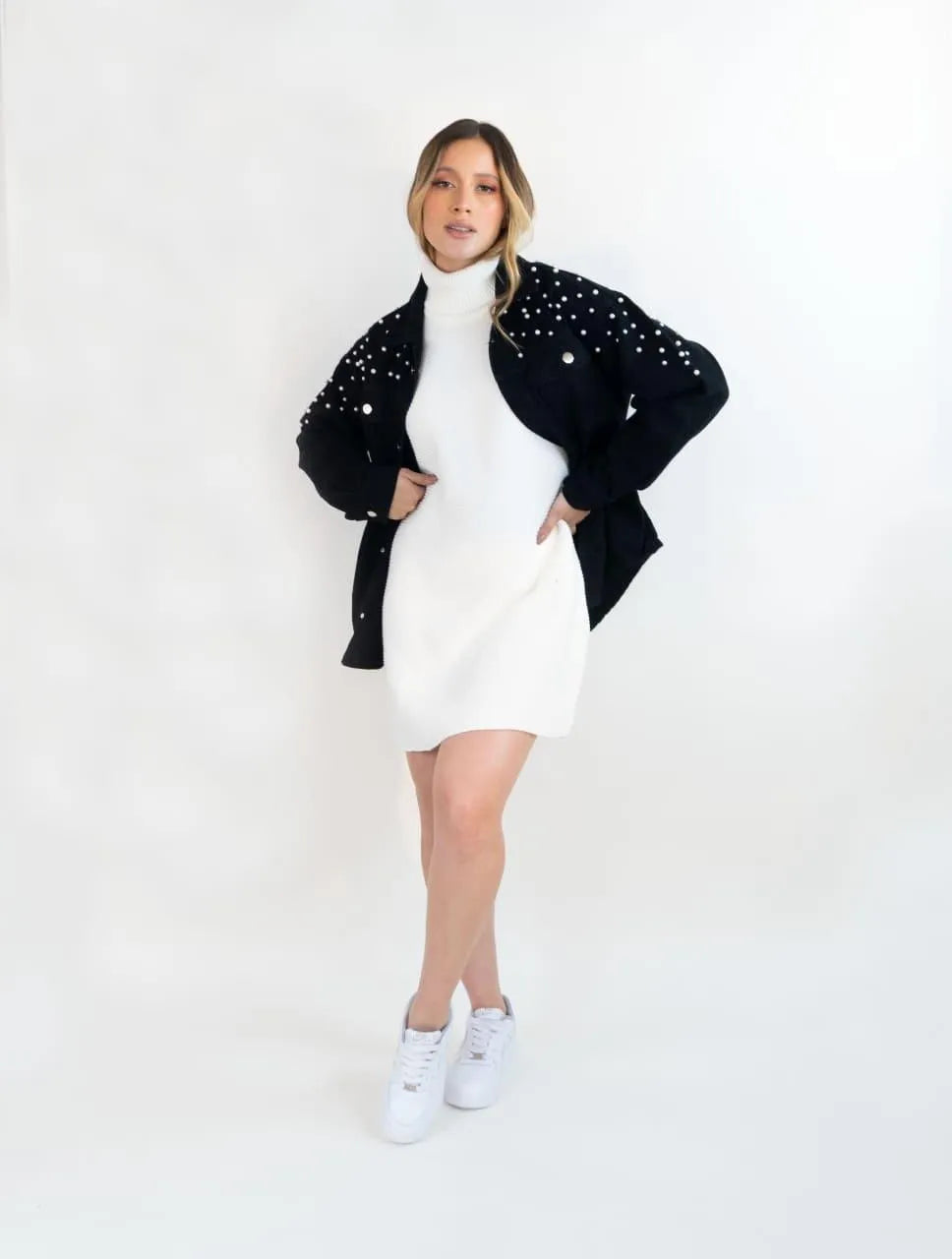 Vestido Tejido Cuello Alto Para Mujer - Siena Marfil