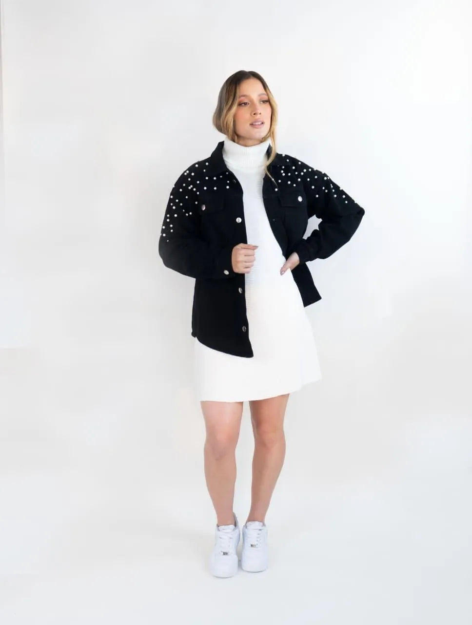 Vestido Tejido Cuello Alto Para Mujer - Siena Marfil