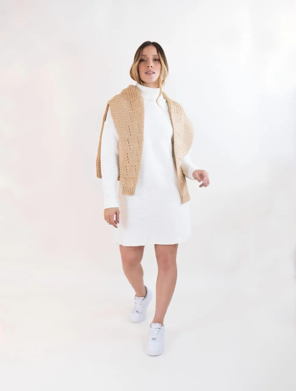 Vestido Tejido Cuello Alto Para Mujer - Siena Marfil