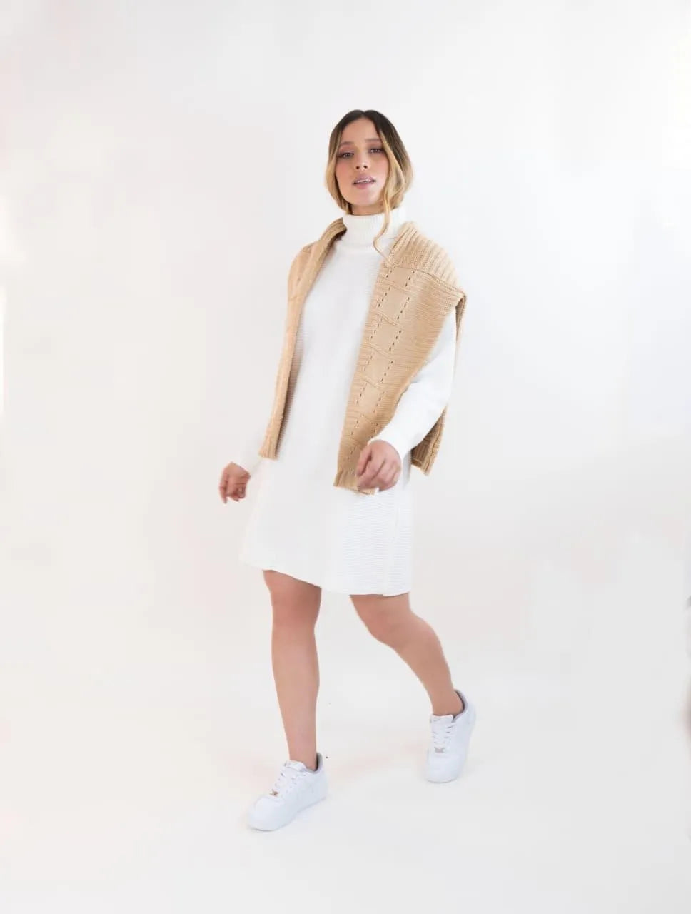 Vestido Tejido Cuello Alto Para Mujer - Siena Marfil