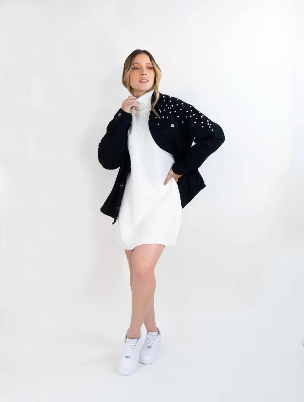 Vestido Tejido Cuello Alto Para Mujer - Siena Marfil