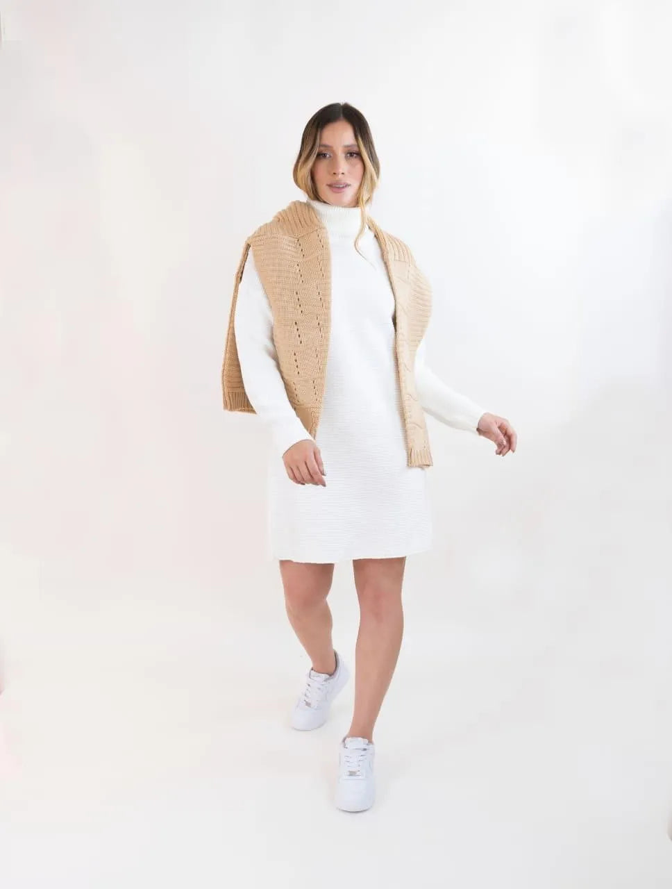 Vestido Tejido Cuello Alto Para Mujer - Siena Marfil