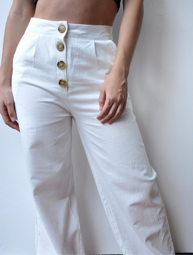 Pantalón para Mujer Blanco Tiro Alto Con Botones - Berenice Blanco – Molgoa