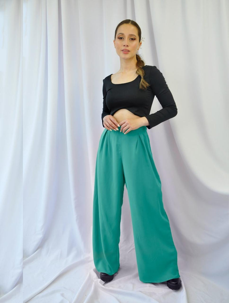 Turquesa Pantalones acampanados de cintura alta-Pantalones de tela