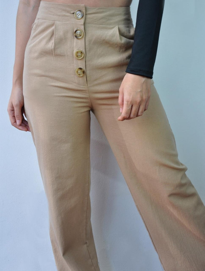 Pantalón para Mujer Camel Tiro Alto Con Botones - Berenice Camel – Molgoa