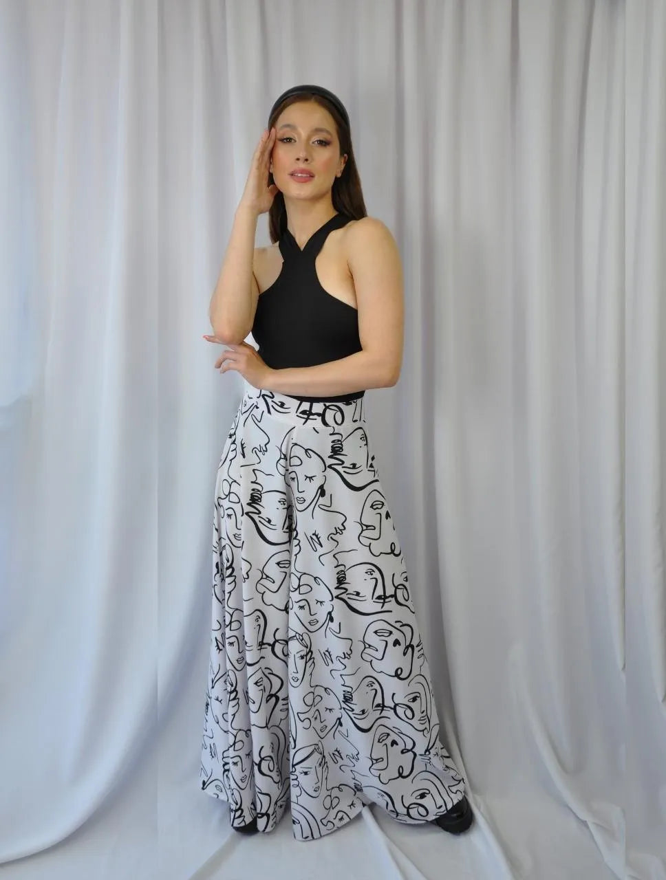 Pantalón para Mujer Blanco Estampado Tipo Palazzo Tiro Alto - Praga Blanco