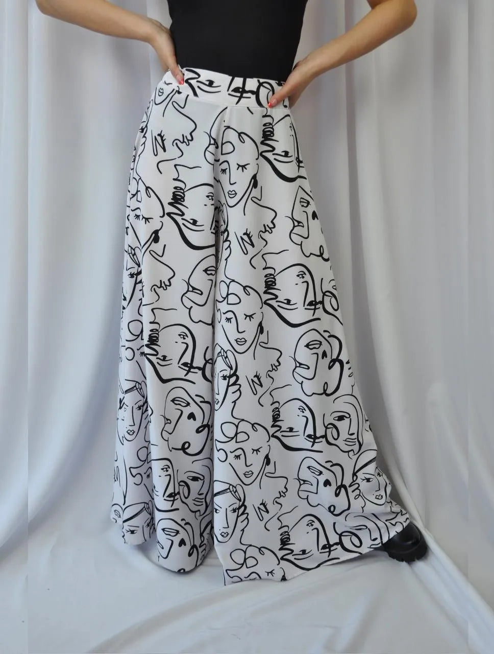 Pantalón para Mujer Blanco Estampado Tipo Palazzo Tiro Alto - Praga Blanco