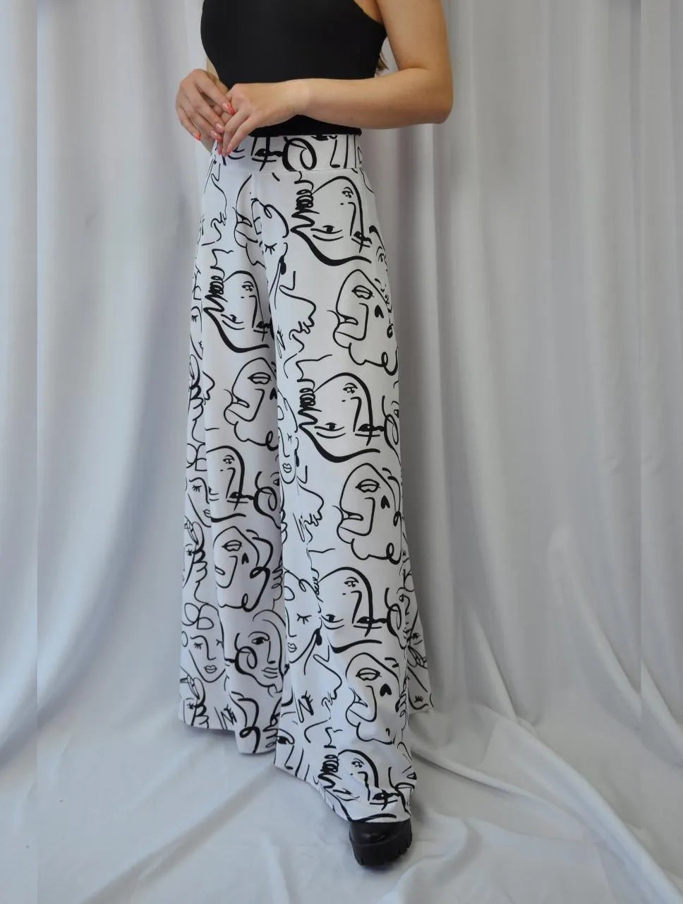 Pantalón para Mujer Blanco Estampado Tipo Palazzo Tiro Alto - Praga Blanco