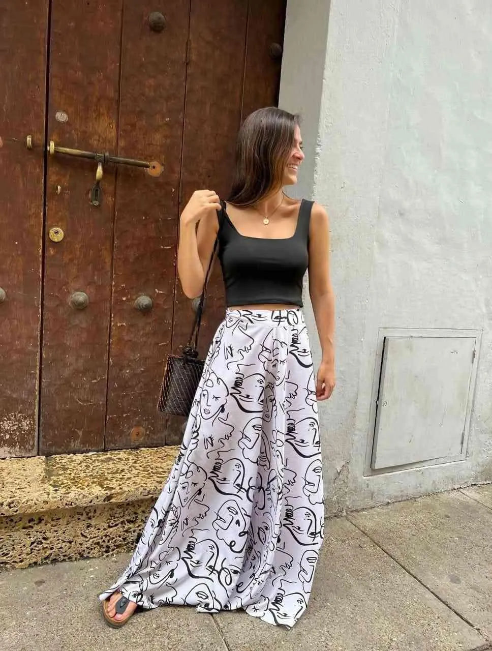 Pantalón para Mujer Blanco Estampado Tipo Palazzo Tiro Alto - Praga Blanco