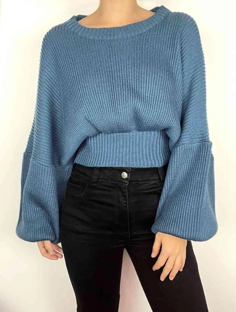 Saco para Mujer Azul Oscuro Cuello Redondo Manga Bombacha - Milagros Azul Oscuro