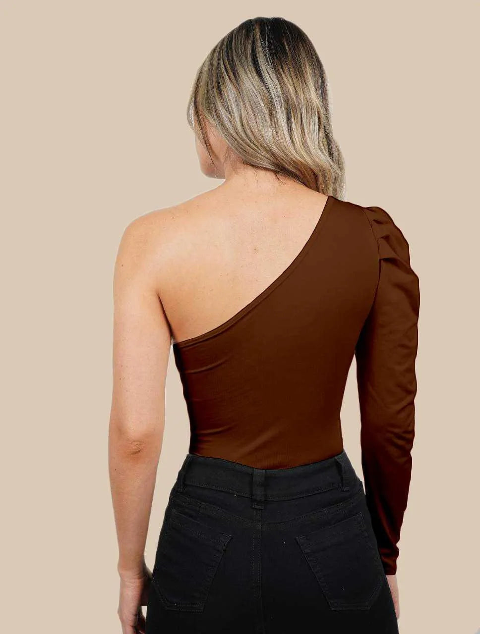 Body Escote Asimétrico Manga Bombacha - Safari Café - Molgoa