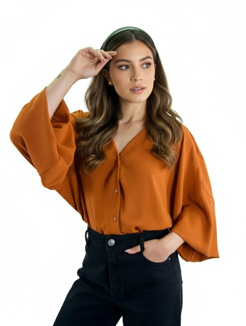 Blusa mujer Escote V Manga Bombacha  - Ocaso