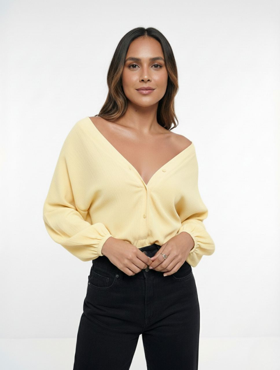 Blusa mujer Escote V Manga Bombacha  - Ocaso