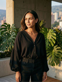 Blusa mujer Escote V Manga Bombacha  - Ocaso