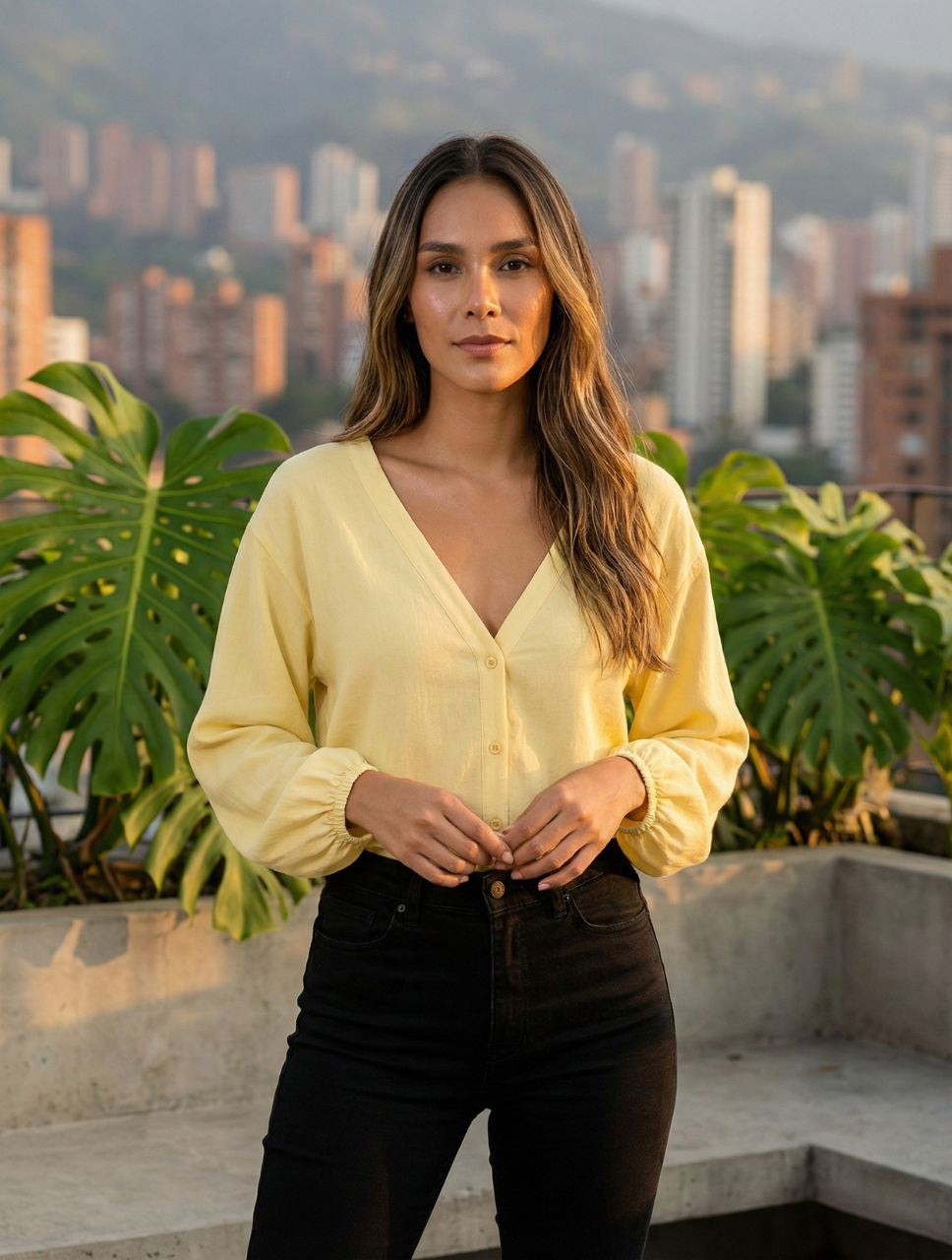 Blusa mujer Escote V Manga Bombacha  - Ocaso