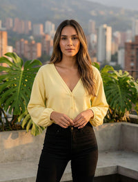 Blusa mujer Escote V Manga Bombacha  - Ocaso