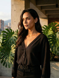 Blusa mujer Escote V Manga Bombacha  - Ocaso