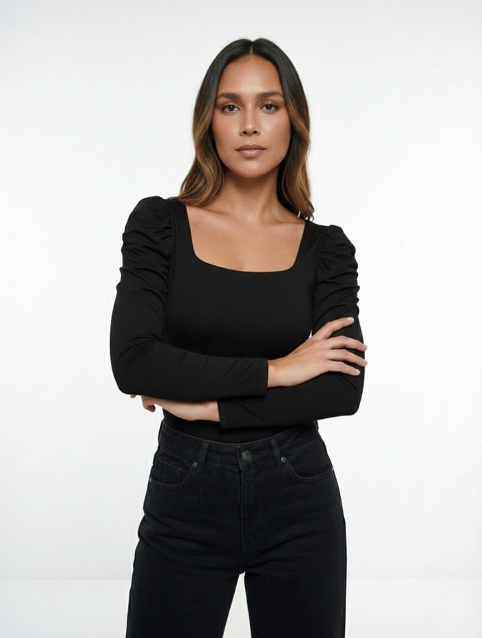 Body para Mujer Escote Cuadrado Manga Bombacha - Bianco