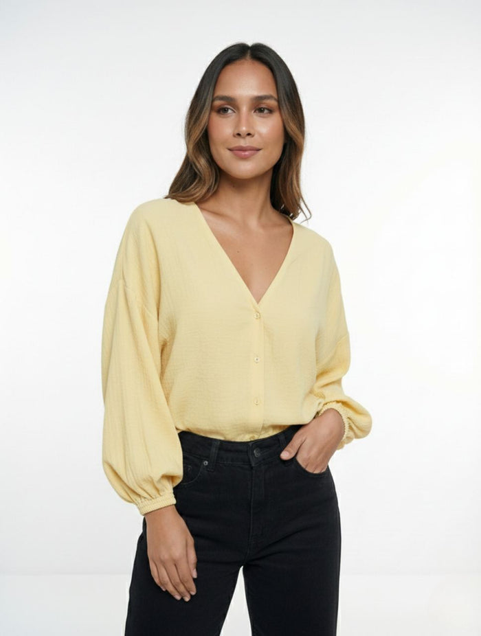 Blusa mujer Escote V Manga Bombacha Ocaso Colombiano Acabado