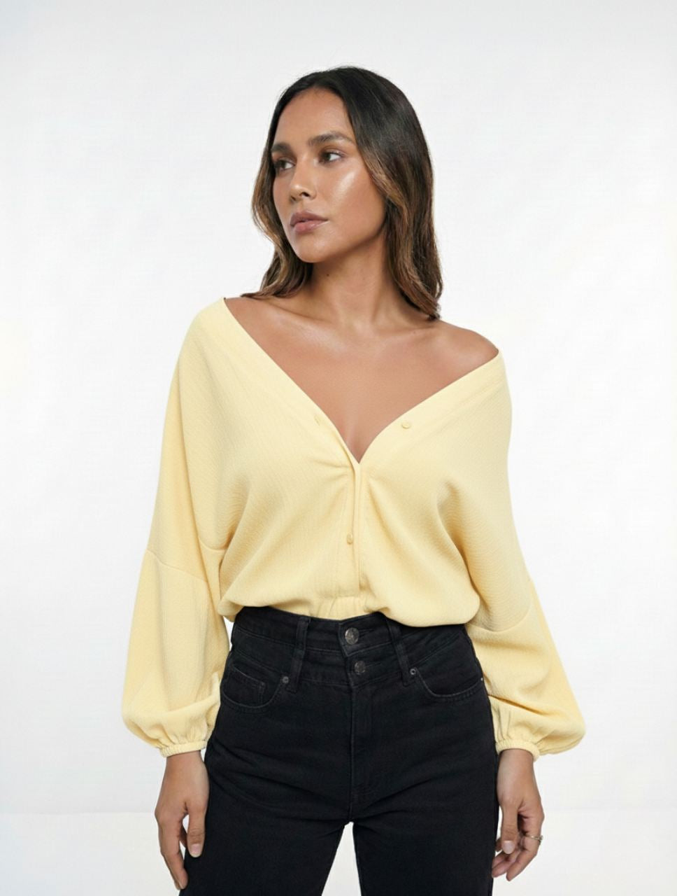 Blusa mujer Escote V Manga Bombacha  - Ocaso