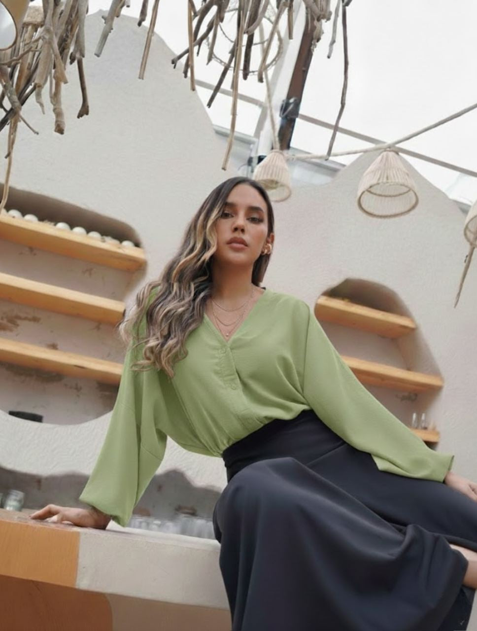 Blusa mujer Escote V Manga Bombacha  - Ocaso