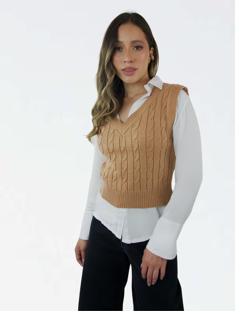 Chaleco Tejido Cuello V Trenzado Para Mujer - The Eclectic