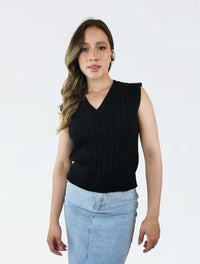 Chaleco Tejido Cuello V Trenzado Para Mujer - The Eclectic