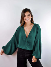 Blusa mujer Escote V Manga Bombacha  - Ocaso