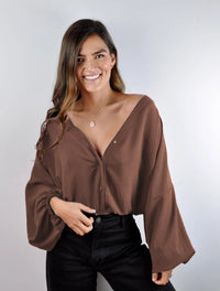 Blusa mujer Escote V Manga Bombacha  - Ocaso