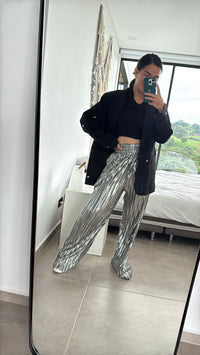 164. Pantalón Tiro Alto Plateado en Perfecto Estado Artesanal Diseño