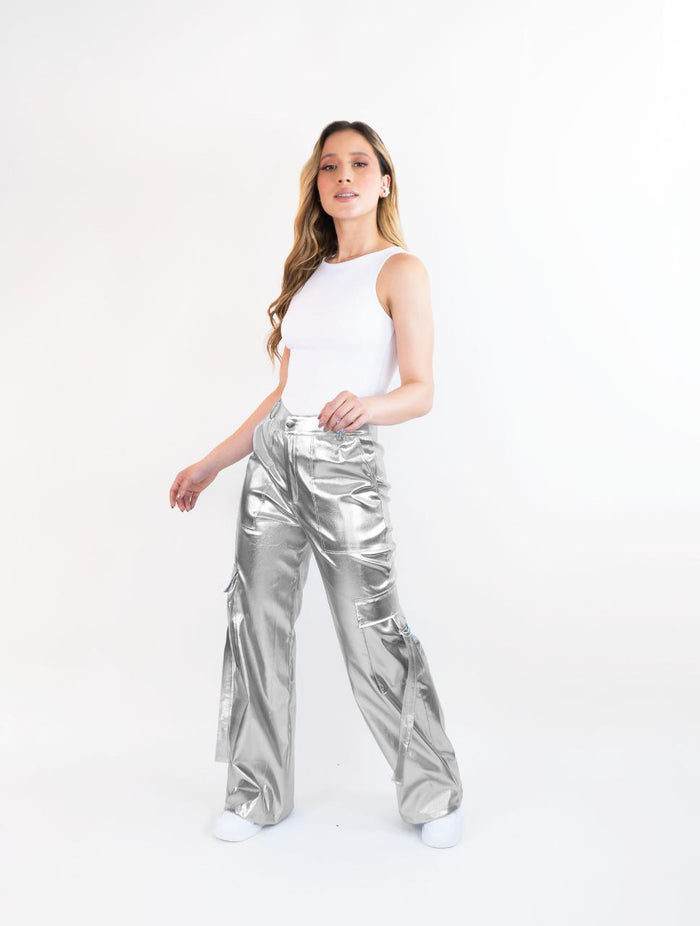 Pantalón Para Mujer Tipo Cargo Metalizado - Sidney Plateado