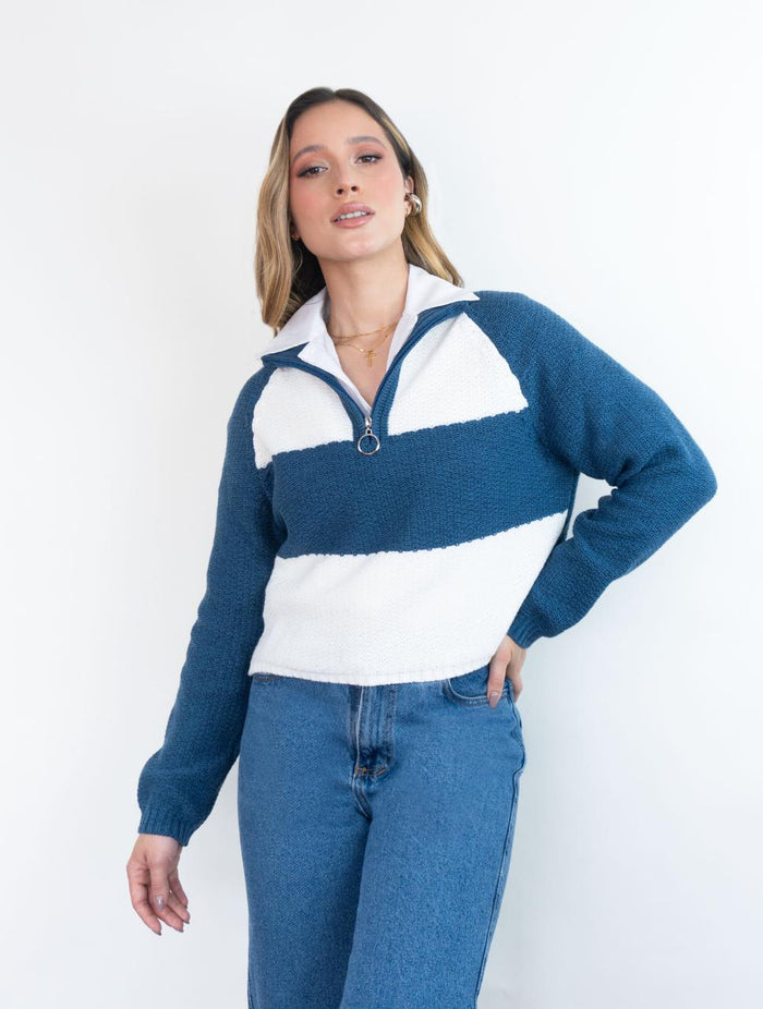 Suéter Cuello Tortuga Bloques Para Mujer - Kai Azul y Blanco