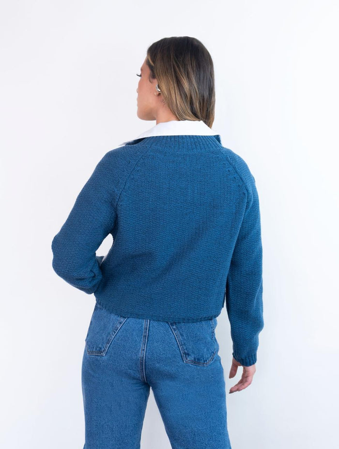 Suéter Cuello Tortuga Bloques Para Mujer - Kai Azul y Blanco